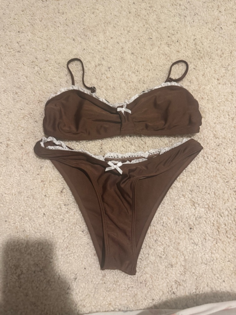 SHEIN Brown Bikini Set with White Lace Trim